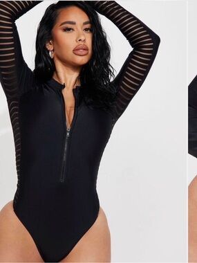 Fashion Nova Black Long Sleeve Zip-Front One Piece Swimsuit